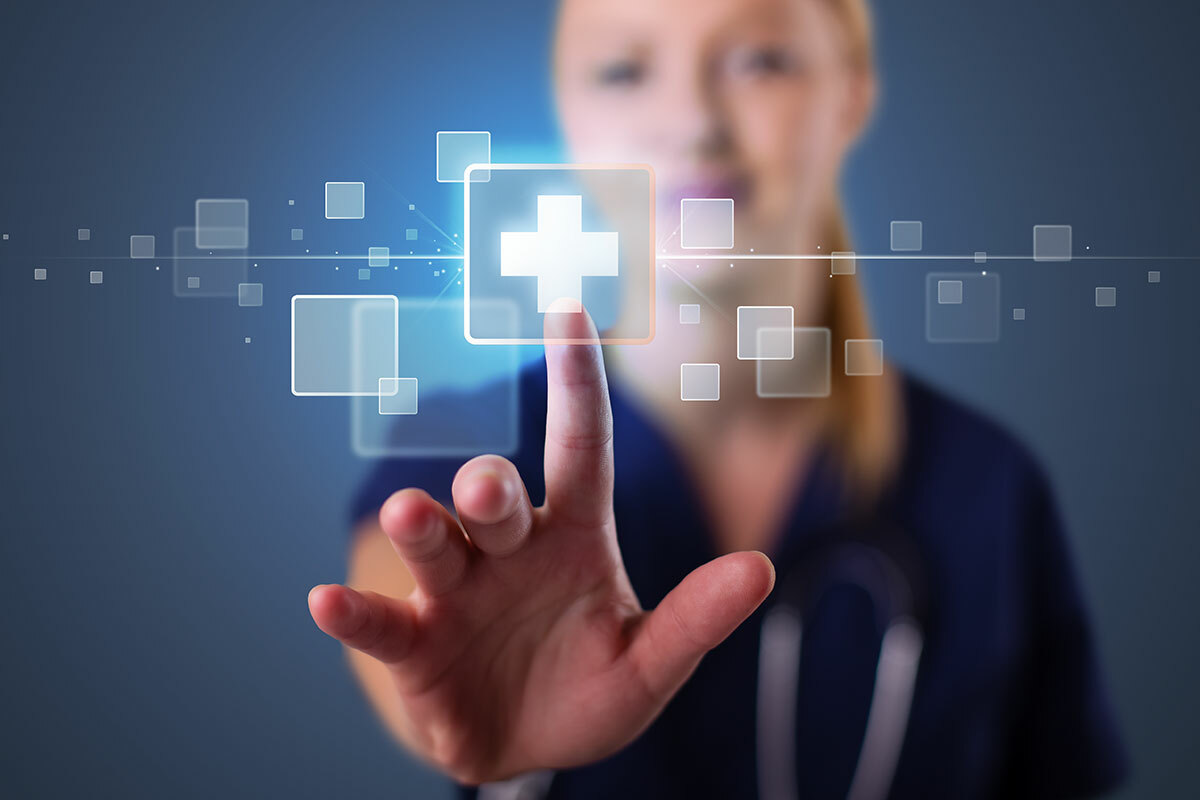 Hand touches a digital healthcare interface – symbolic image for MD Medicus telemedicine and digital health solutions