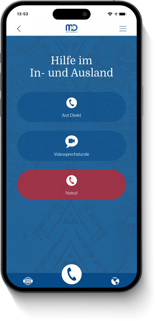 Smartphone view of the MD Medicus app with Doctor Direct, Video consultation, and Emergency call features